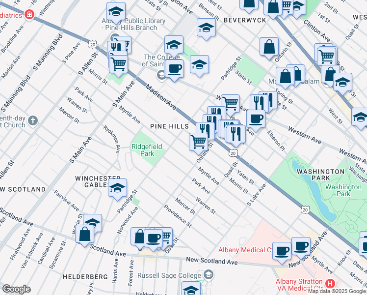 map of restaurants, bars, coffee shops, grocery stores, and more near in Albany
