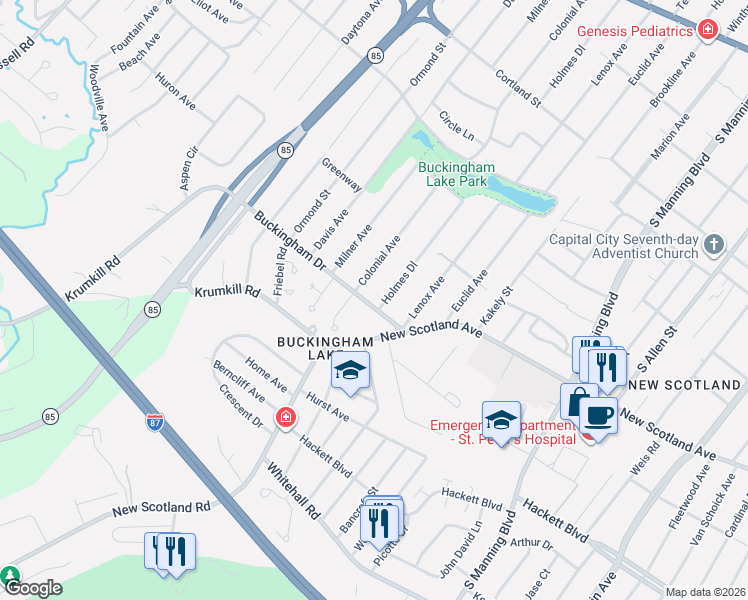 map of restaurants, bars, coffee shops, grocery stores, and more near 201 Holmes Dale in Albany