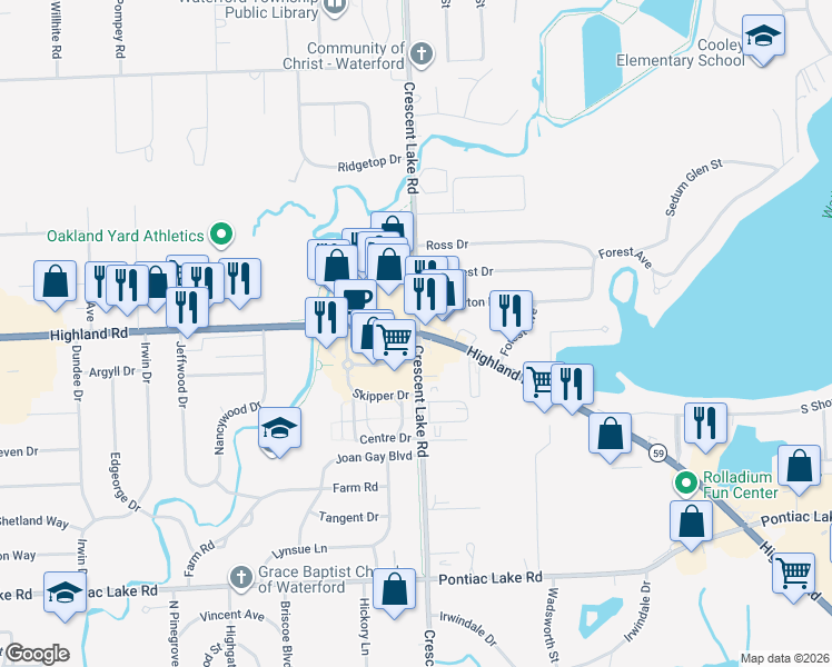 map of restaurants, bars, coffee shops, grocery stores, and more near in Village of Clarkston