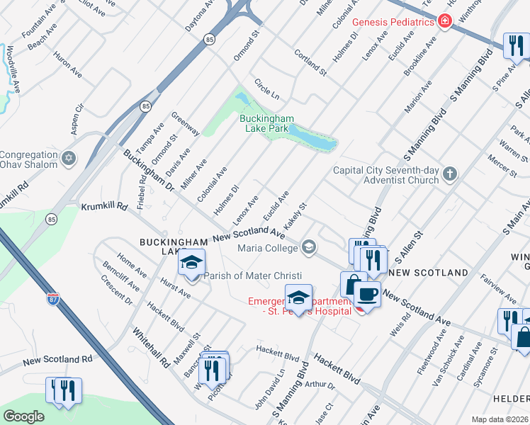 map of restaurants, bars, coffee shops, grocery stores, and more near 224 Euclid Avenue in Albany