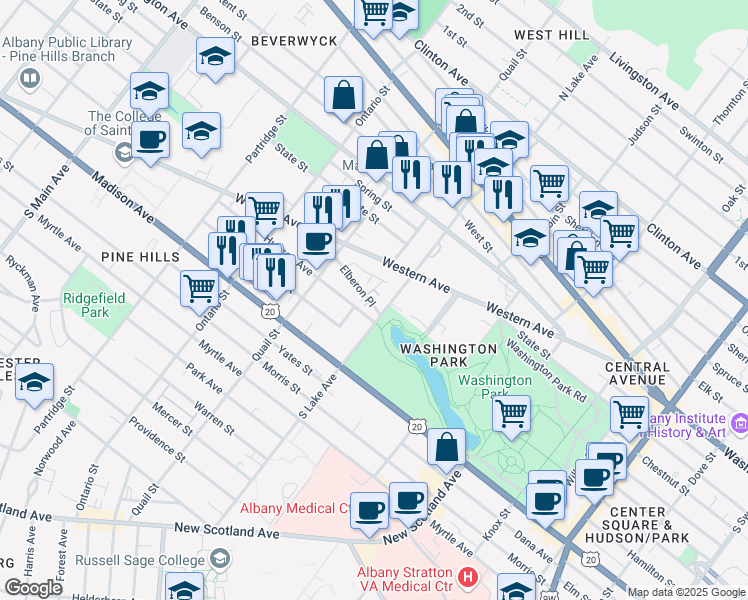 map of restaurants, bars, coffee shops, grocery stores, and more near 3 Elberon Place in Albany