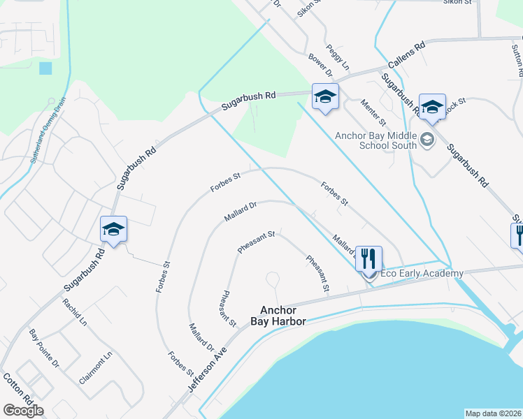 map of restaurants, bars, coffee shops, grocery stores, and more near 48136 Mallard Drive in New Baltimore