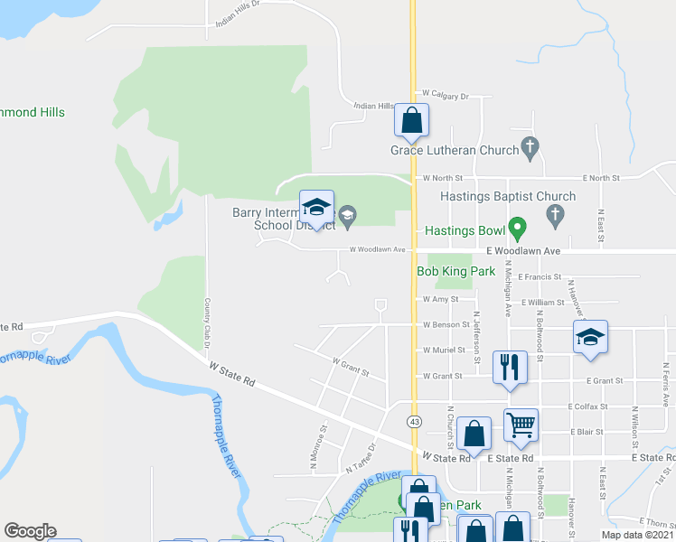map of restaurants, bars, coffee shops, grocery stores, and more near 420 West Woodlawn Avenue in Hastings