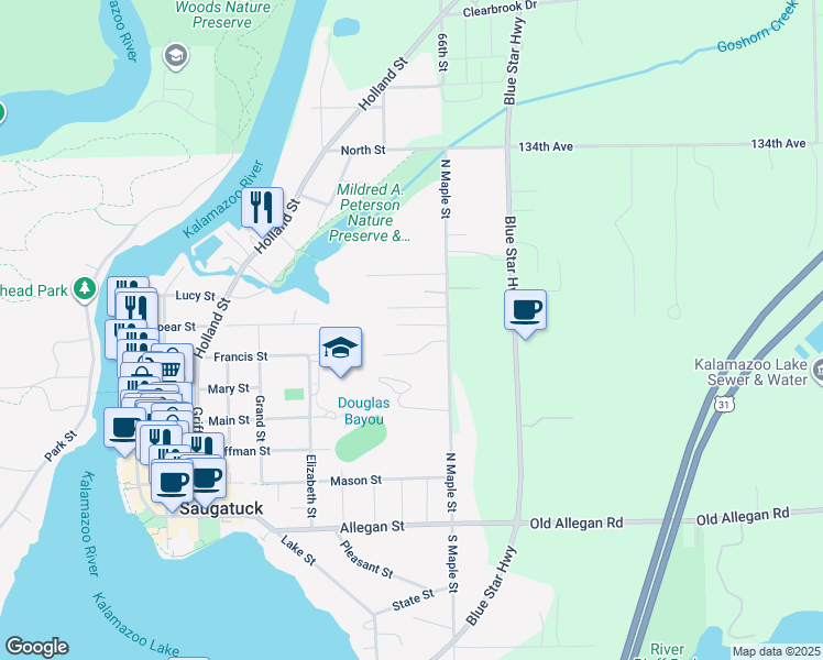 map of restaurants, bars, coffee shops, grocery stores, and more near 979 Maplewood Drive in Saugatuck