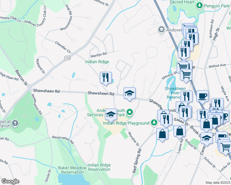map of restaurants, bars, coffee shops, grocery stores, and more near 91 Shawsheen Road in Andover