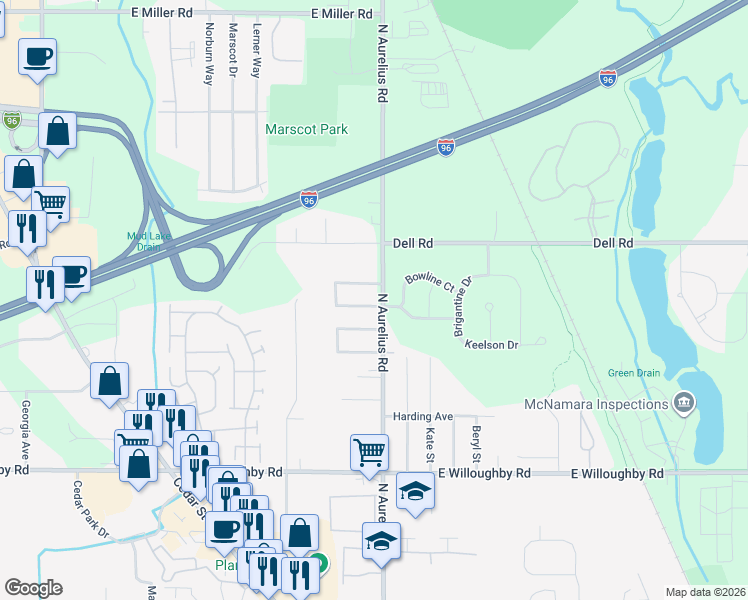 map of restaurants, bars, coffee shops, grocery stores, and more near 1941 Remsing Drive in Lansing