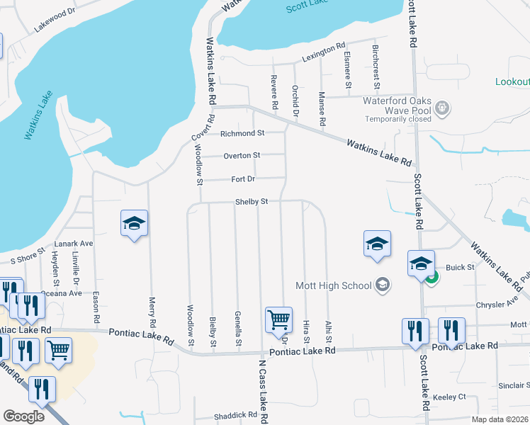 map of restaurants, bars, coffee shops, grocery stores, and more near 1411 North Cass Lake Road in Waterford Township