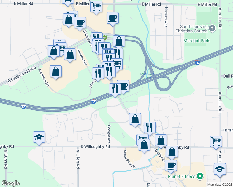 map of restaurants, bars, coffee shops, grocery stores, and more near Interstate 96 in Lansing