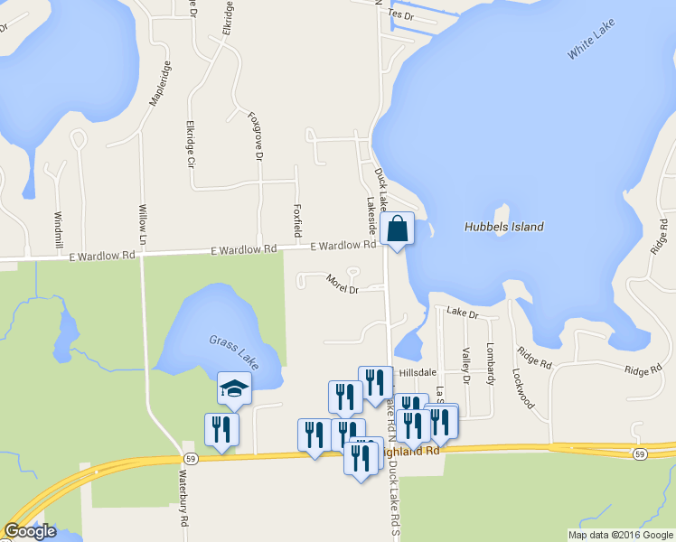 map of restaurants, bars, coffee shops, grocery stores, and more near 2749 Morel Drive in Highland charter Township