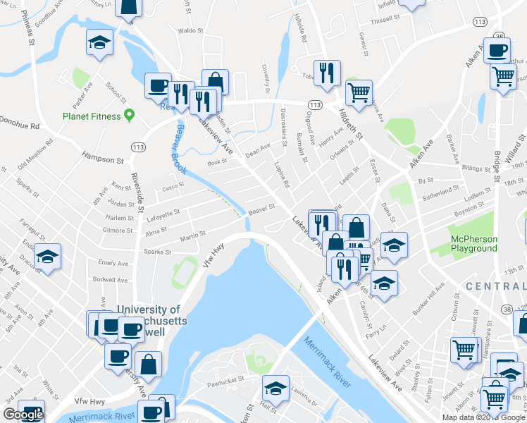 map of restaurants, bars, coffee shops, grocery stores, and more near 30 Beaver Street in Lowell