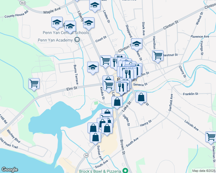 map of restaurants, bars, coffee shops, grocery stores, and more near 226 Liberty Street in Penn Yan