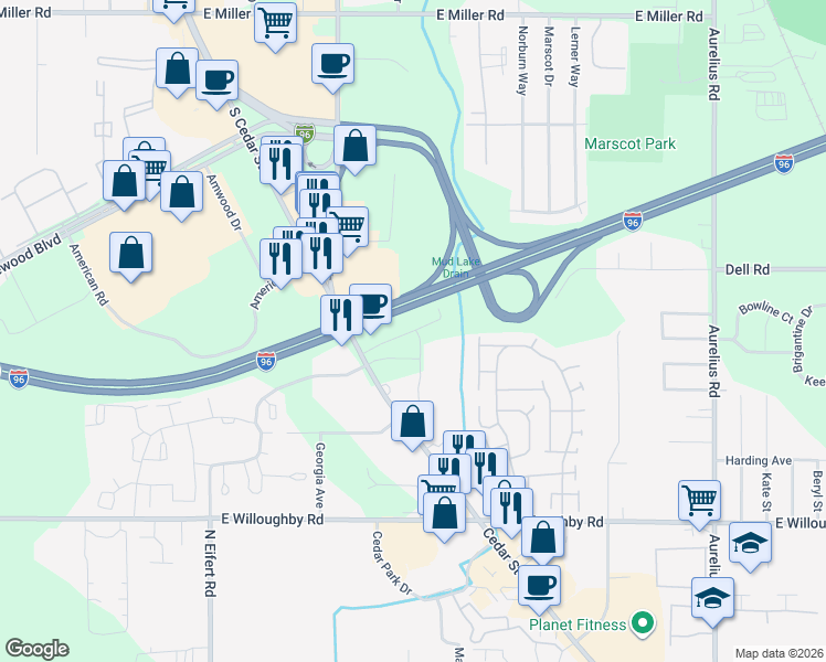 map of restaurants, bars, coffee shops, grocery stores, and more near 1200-1264 Roth Drive in Lansing