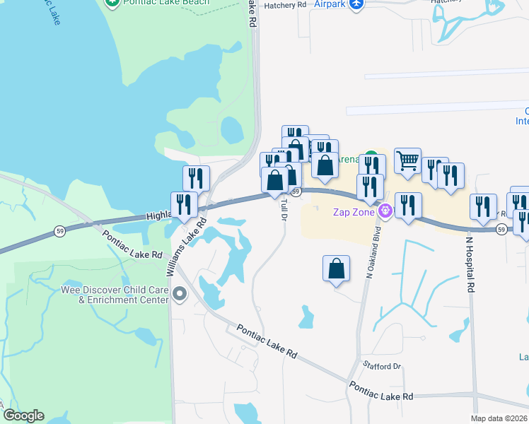 map of restaurants, bars, coffee shops, grocery stores, and more near 7675 Highland Road in Oakland County