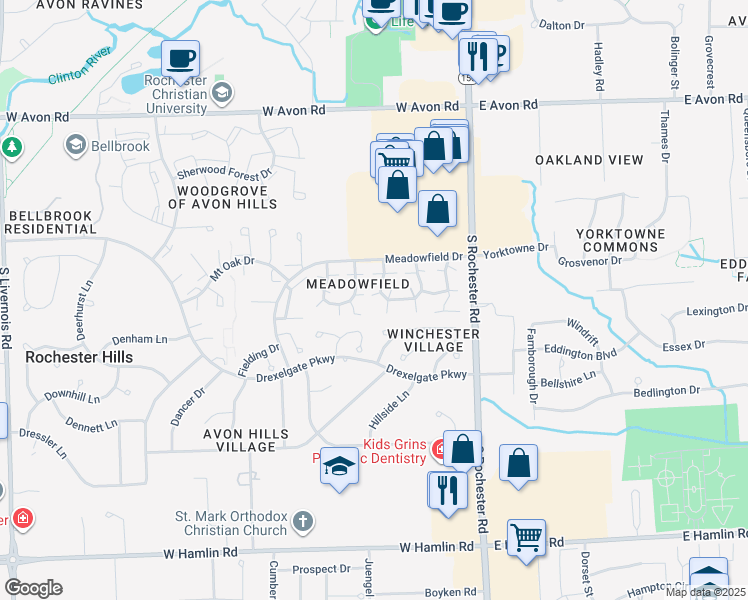 map of restaurants, bars, coffee shops, grocery stores, and more near 220 Hillside Court in Rochester Hills