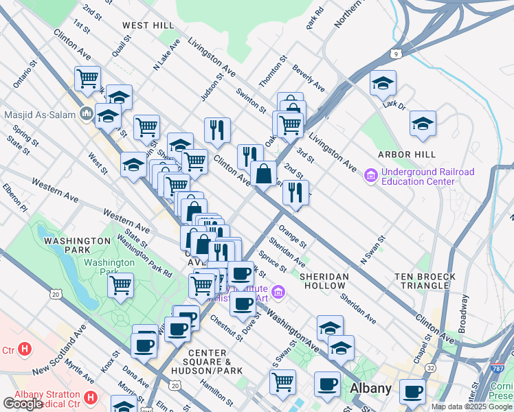 map of restaurants, bars, coffee shops, grocery stores, and more near 331 Orange Street in Albany