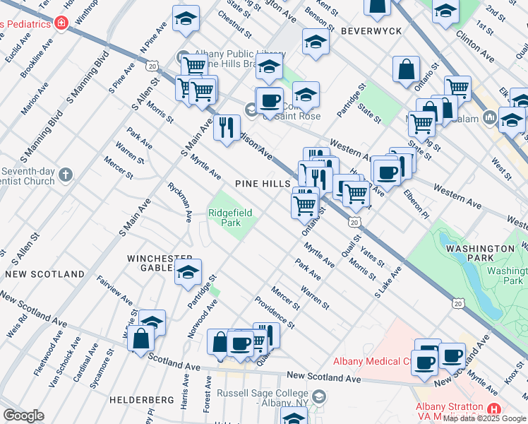 map of restaurants, bars, coffee shops, grocery stores, and more near Myrtle Avenue & Partridge Street in Albany