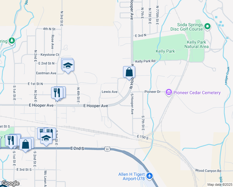 map of restaurants, bars, coffee shops, grocery stores, and more near 590 Lewis Avenue in Soda Springs