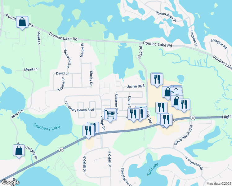 map of restaurants, bars, coffee shops, grocery stores, and more near 53 Suzanne Boulevard in White Lake charter Township