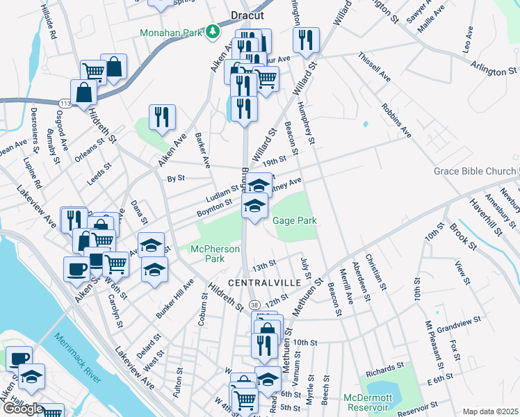 map of restaurants, bars, coffee shops, grocery stores, and more near 570 Beacon Street in Lowell