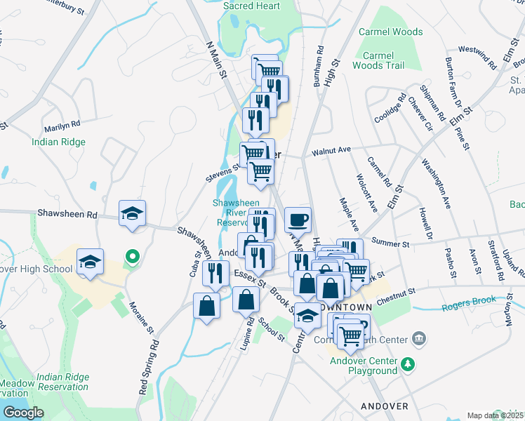 map of restaurants, bars, coffee shops, grocery stores, and more near 30 Railroad Street in Andover