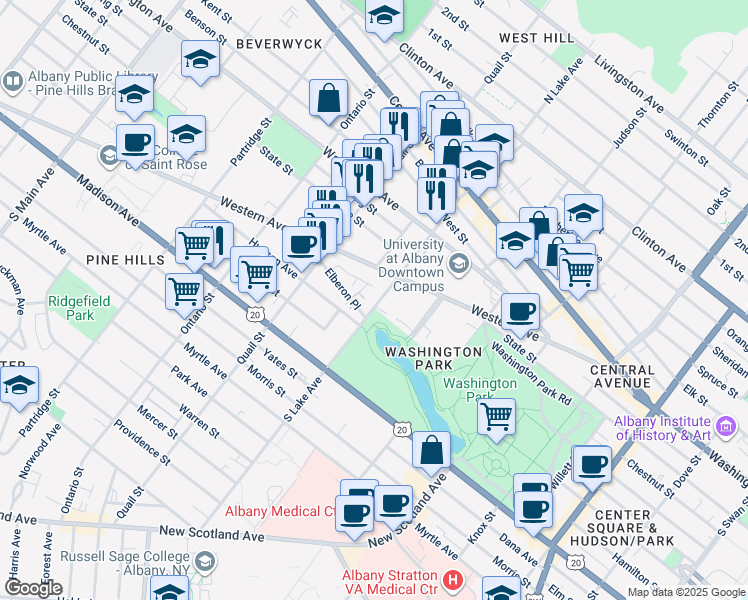map of restaurants, bars, coffee shops, grocery stores, and more near 3 Elberon Place in Albany