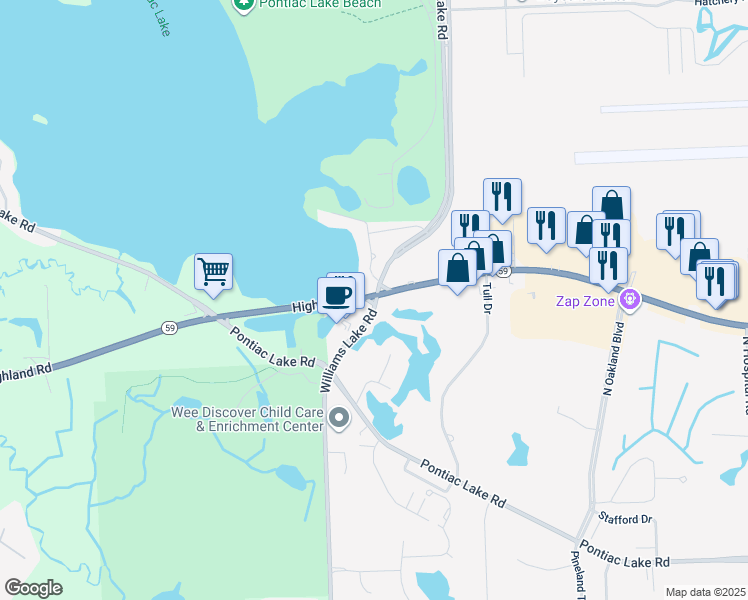 map of restaurants, bars, coffee shops, grocery stores, and more near 7801 Highland Road in Waterford Township