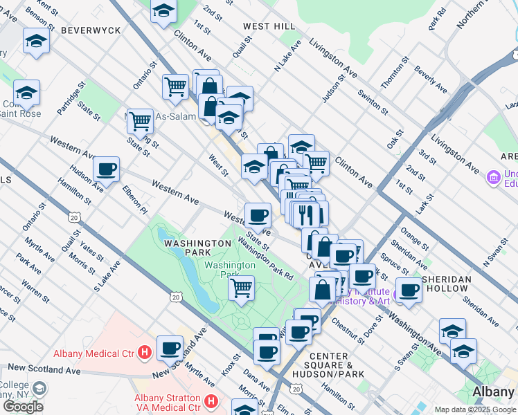 map of restaurants, bars, coffee shops, grocery stores, and more near 323 Washington Avenue in Albany