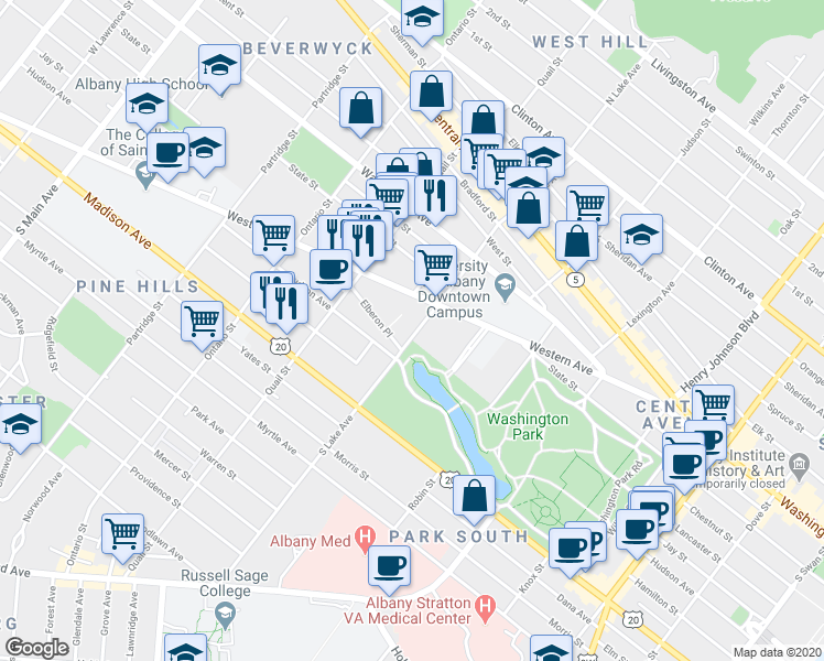 map of restaurants, bars, coffee shops, grocery stores, and more near 3 Elberon Place in Albany