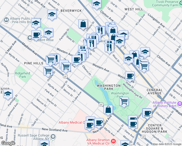 map of restaurants, bars, coffee shops, grocery stores, and more near 3 Elberon Place in Albany