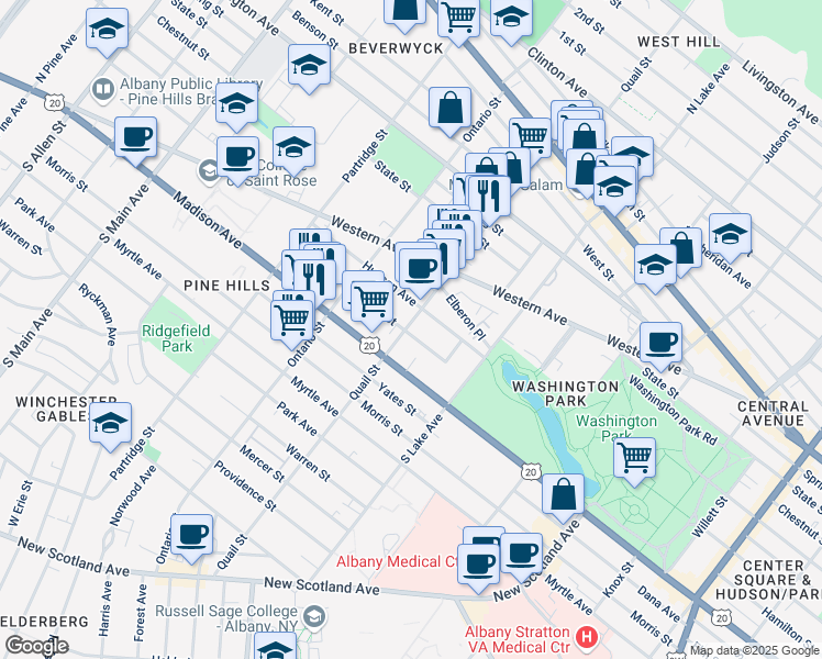 map of restaurants, bars, coffee shops, grocery stores, and more near 248 Quail Street in Albany