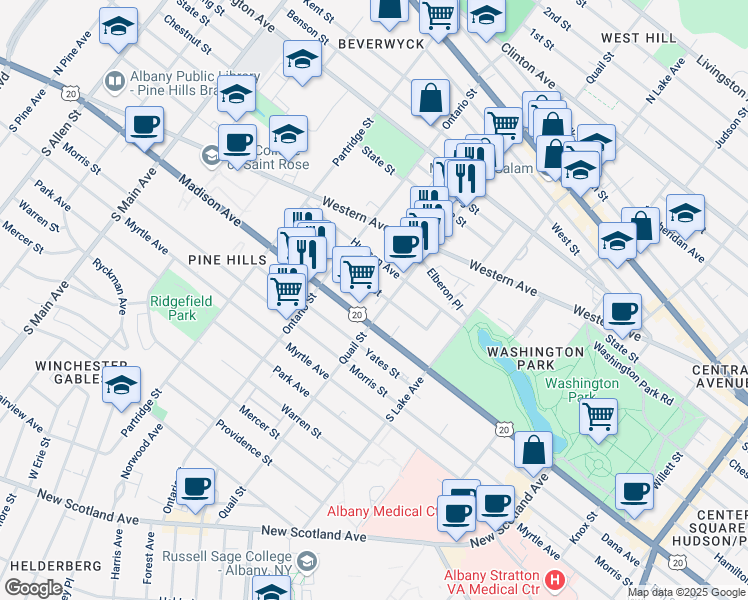 map of restaurants, bars, coffee shops, grocery stores, and more near 248 Quail Street in Albany