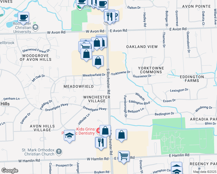map of restaurants, bars, coffee shops, grocery stores, and more near 78 Meadow Wood Drive in Rochester Hills