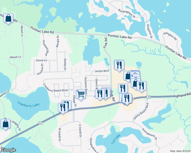 map of restaurants, bars, coffee shops, grocery stores, and more near 184 Erick Boulevard in White Lake charter Township