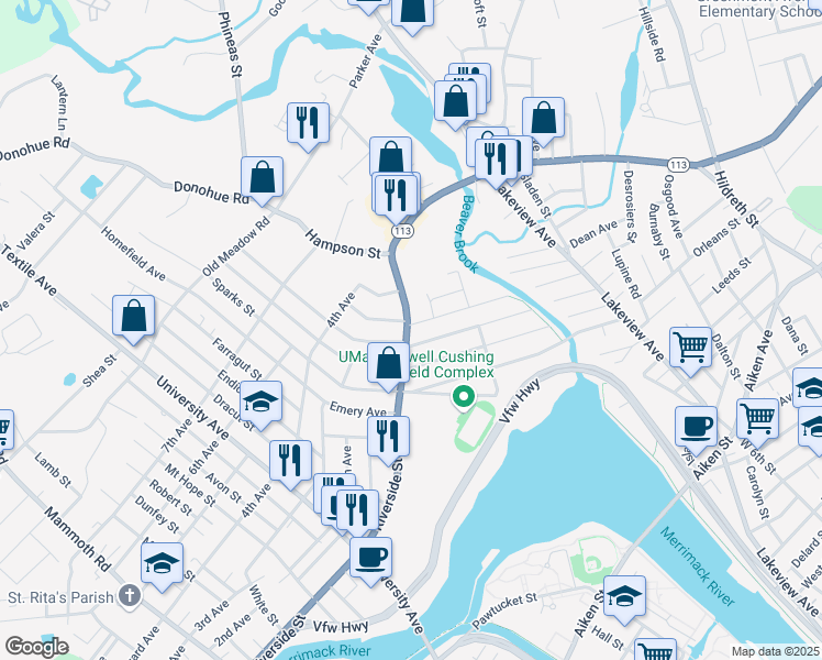 map of restaurants, bars, coffee shops, grocery stores, and more near 429 Riverside Street in Lowell