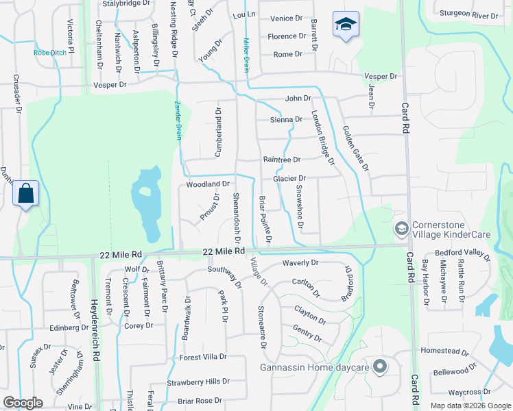 map of restaurants, bars, coffee shops, grocery stores, and more near 49270 Briar Pointe Drive in Macomb