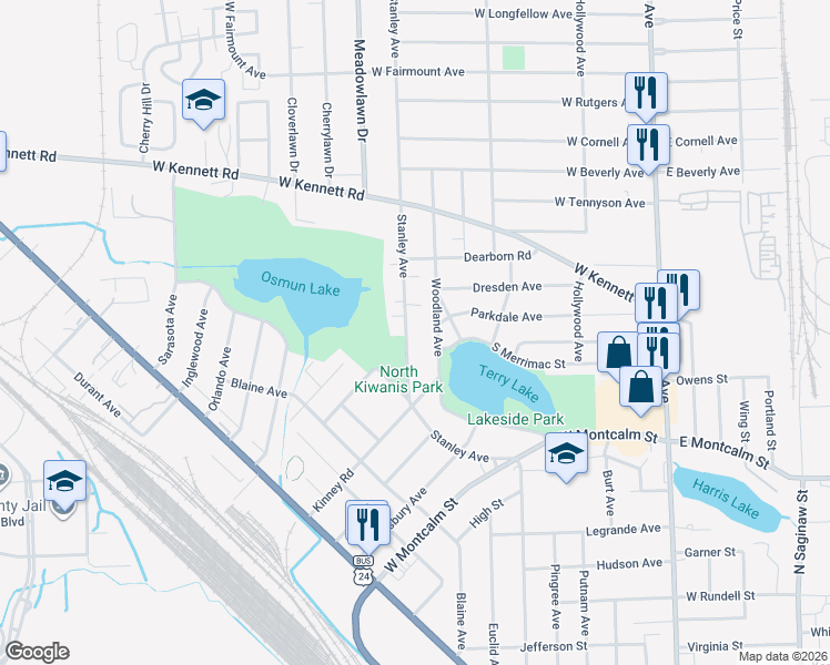 map of restaurants, bars, coffee shops, grocery stores, and more near 841 Stanley Avenue in Pontiac