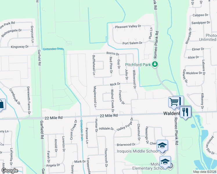 map of restaurants, bars, coffee shops, grocery stores, and more near 17554 Nick Drive in Macomb