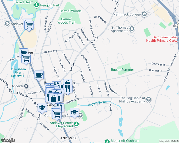 map of restaurants, bars, coffee shops, grocery stores, and more near 33 Washington Avenue in Andover