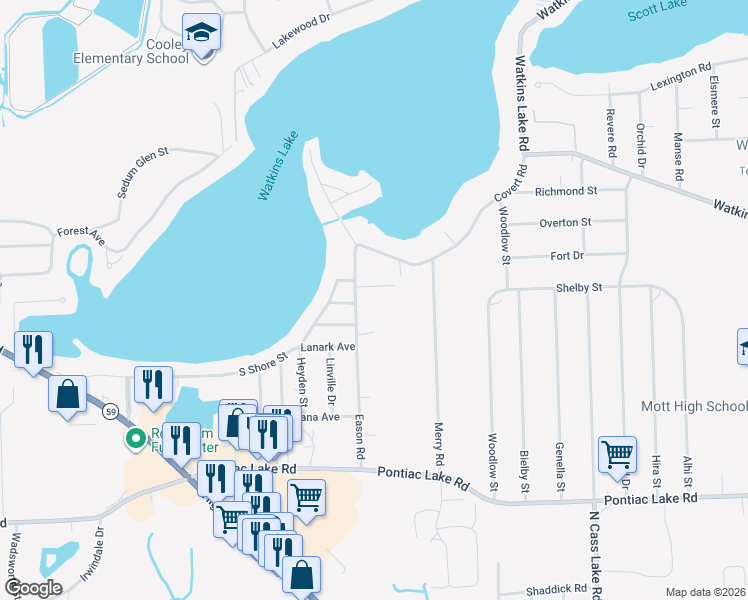 map of restaurants, bars, coffee shops, grocery stores, and more near 1512 Eason Road in Waterford Township
