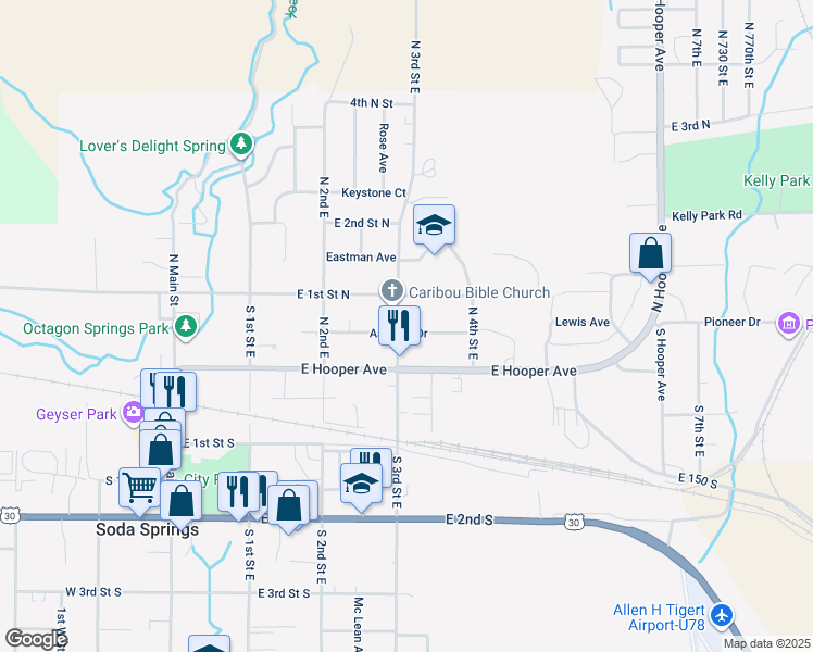 map of restaurants, bars, coffee shops, grocery stores, and more near 301 Ashland Drive in Soda Springs