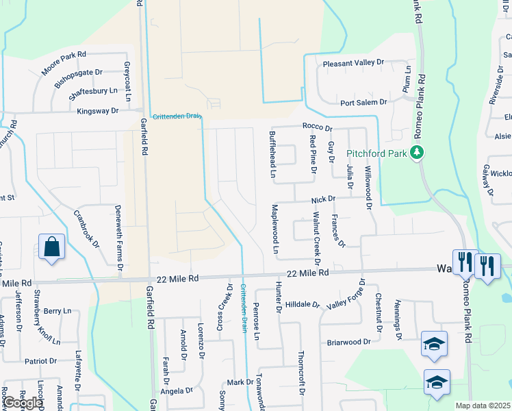 map of restaurants, bars, coffee shops, grocery stores, and more near 49393 Maplewood Lane in Macomb