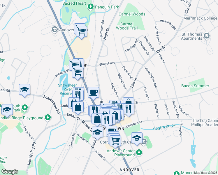 map of restaurants, bars, coffee shops, grocery stores, and more near 34 1/2 Maple Avenue in Andover