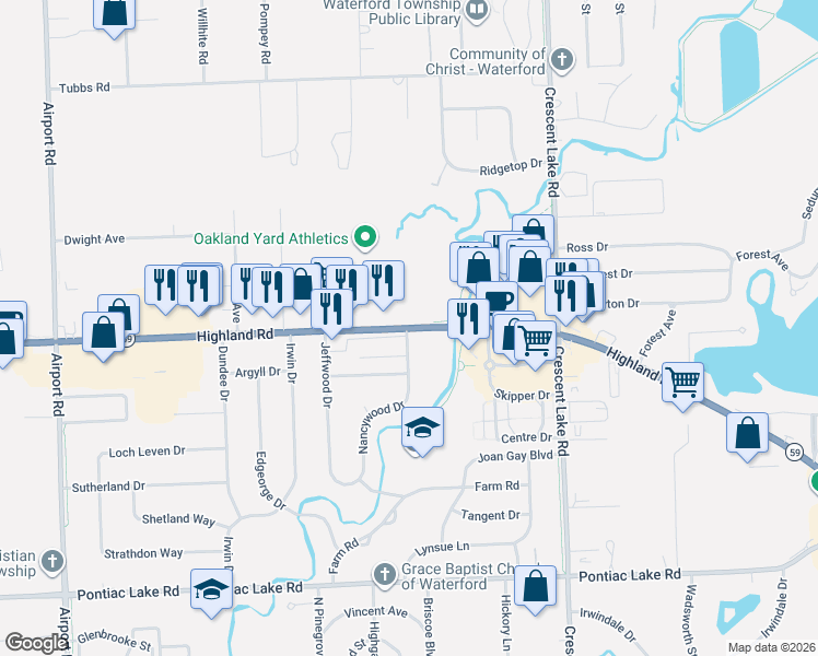 map of restaurants, bars, coffee shops, grocery stores, and more near 5291 Highland Road in Waterford Township