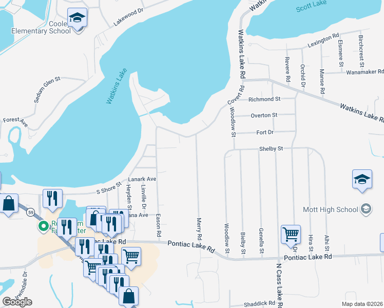 map of restaurants, bars, coffee shops, grocery stores, and more near 1493 Merry Road in Waterford Township