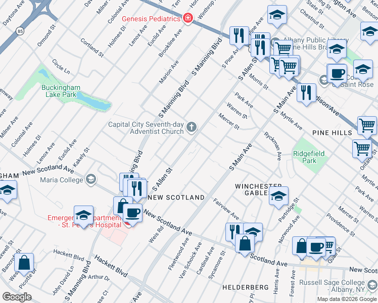 map of restaurants, bars, coffee shops, grocery stores, and more near 274-225 South Allen Street in Albany