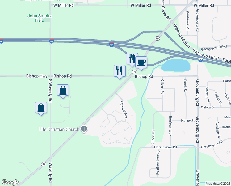 map of restaurants, bars, coffee shops, grocery stores, and more near 2700 Eaton Rapids Road in Lansing