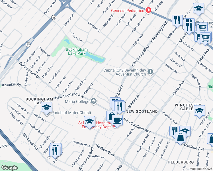 map of restaurants, bars, coffee shops, grocery stores, and more near 20 Freeman Road in Albany