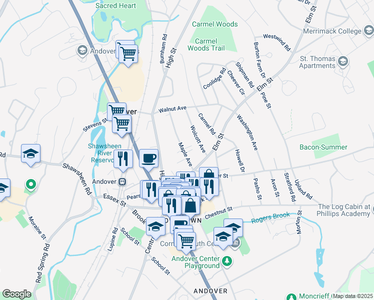map of restaurants, bars, coffee shops, grocery stores, and more near 23 Maple Avenue in Andover