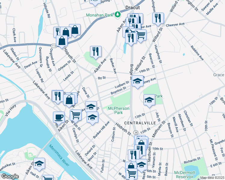 map of restaurants, bars, coffee shops, grocery stores, and more near 55 Eustis Avenue in Lowell