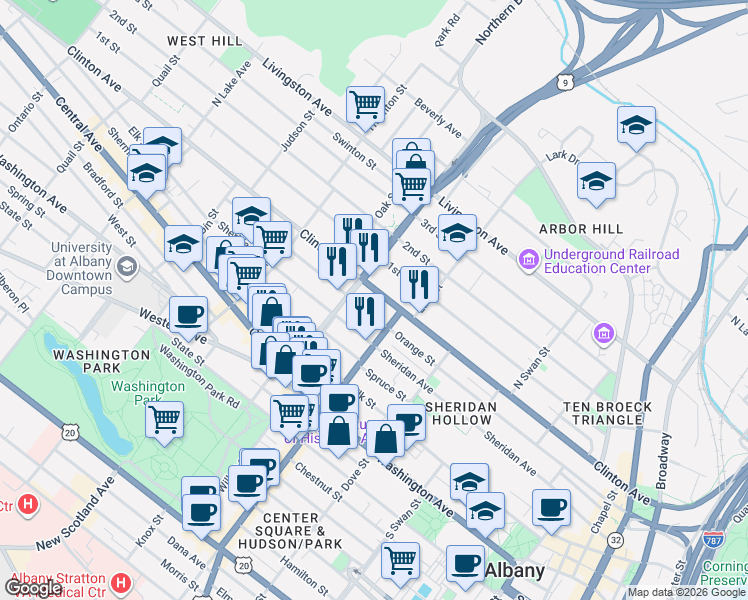 map of restaurants, bars, coffee shops, grocery stores, and more near 319 Orange Street in Albany
